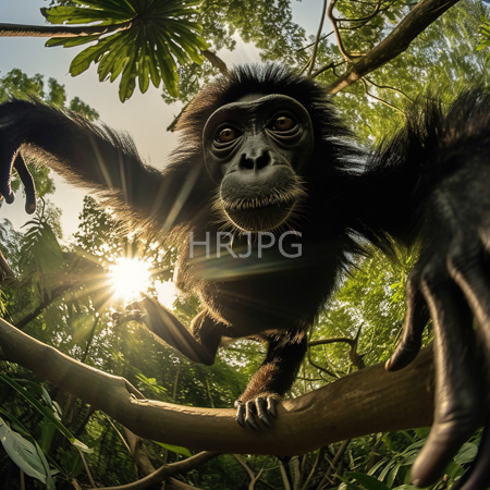 High Resolution: Black-furred chimpanzee with large eyes climbing through dense jungle foliage at sunrise or sunset download. | HRJPG.com