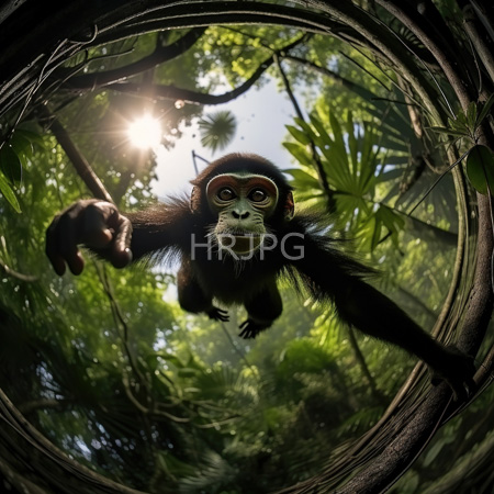High Resolution: Expressive young monkey with dark fur and white facial markings leaping through dense jungle foliage with dappled light patterns download. | HRJPG.com