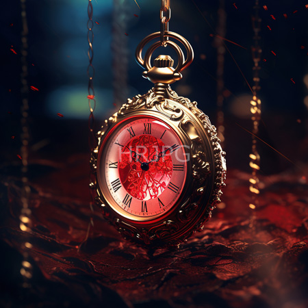 High Resolution: Ornate gold pocket watch with intricate detailing hangs by its chain against a dark background with a glowing red face download. | HRJPG.com
