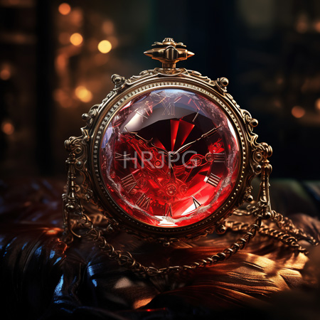 High Resolution: Ornate antique clock with intricate gold detailing and a large red crystal face set against blurred warm lights download. | HRJPG.com