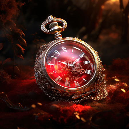 High Resolution: Ornate silver pocket watch with intricate carvings and Roman numerals on its glowing red face against dark foliage download. | HRJPG.com