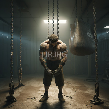 High Resolution: Muscular tattooed man with short brown hair shirtless and wearing dark green shorts standing before hanging chains in a gym download. | HRJPG.com