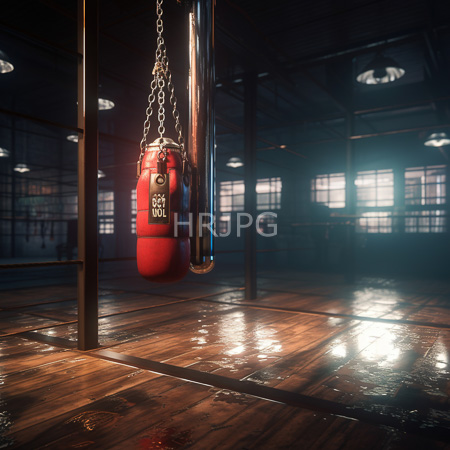 High Resolution: Empty dim-lit gym with wooden floors and metal poles focusing on a hanging red boxing glove labeled Everlast download. | HRJPG.com
