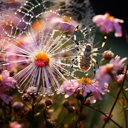 High Resolution: Orb-weaver spider with orange and black striped legs perched on dew-covered pink cosmos flowers with an intricate web glistening download. | HRJPG.com