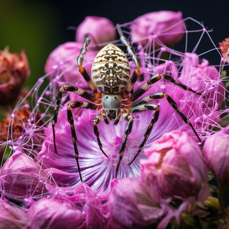 High Resolution: Intricately patterned spider with brown and white striped abdomen perched on vibrant pink flowers with delicate stamens download. | HRJPG.com