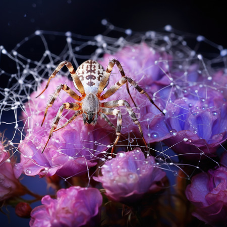 High Resolution: Orb-weaver spider with brown and white patterned body and orange legs on pink flowers covered in dewdrops and intricate web download. | HRJPG.com