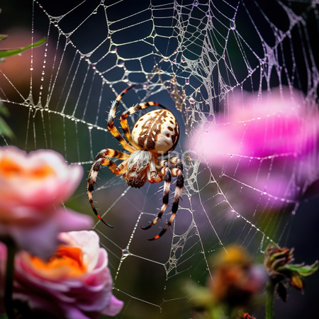 High Resolution: Orange and black striped spider with white markings centered on its intricate web against blurred pink flowers download. | HRJPG.com