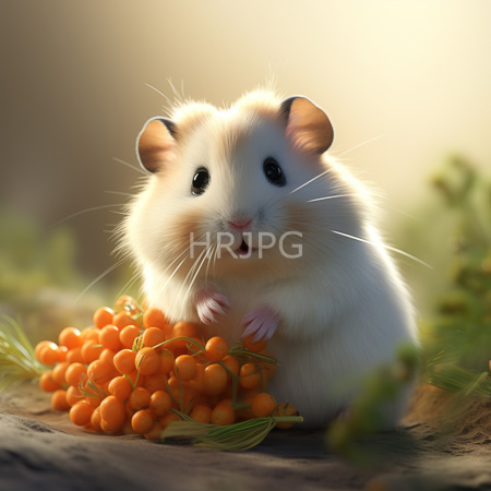 High Resolution: Adorable fluffy white hamster with black eyes and pink ears holding bright orange berries in its tiny paws download. | HRJPG.com
