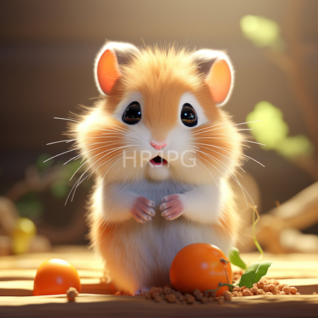 High Resolution: Hyper-realistic fluffy hamster with large black eyes and orange-and-white fur sits on its hind legs near small oranges download. | HRJPG.com