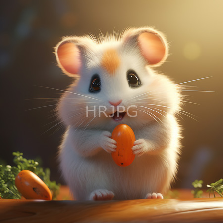 High Resolution: Adorable fluffy white hamster with black and orange patches holds a small carrot in front of it with large round eyes download. | HRJPG.com