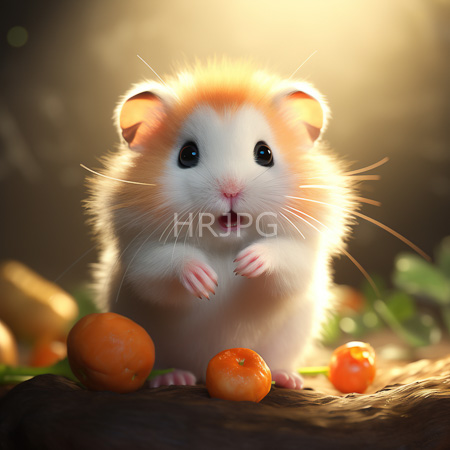 High Resolution: Fluffy hamster with white and orange fur standing on its hind legs in front of three small oranges download. | HRJPG.com