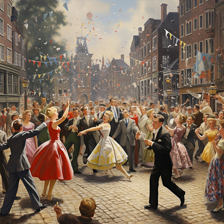 High Resolution: Oil painting depicting a lively street dance party in early-20th-century Europe with diverse people dancing on cobblestone streets download. | HRJPG.com