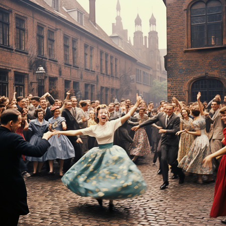 High Resolution: Exuberant dance party in a cobblestone street featuring mid-20th century European architecture with a joyful woman at the center download. | HRJPG.com