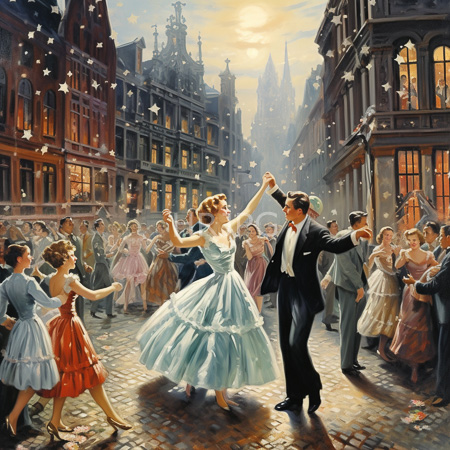 High Resolution: Oil painting depicting a lively street dance scene in early-20th-century Europe with Gothic-style buildings under soft evening light download. | HRJPG.com