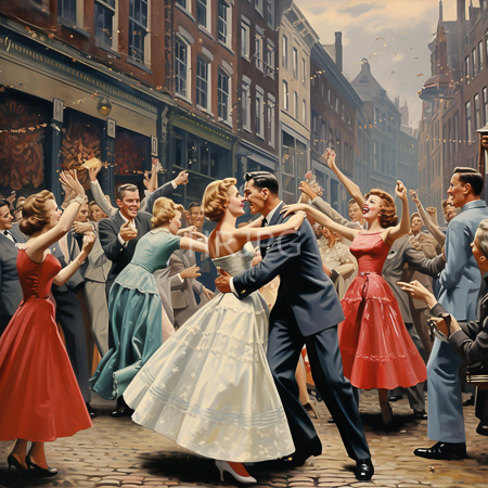 High Resolution: Oil painting depicting mid-20th century dancers in vibrant colorful attire performing on a cobblestone street with a cheering crowd download. | HRJPG.com