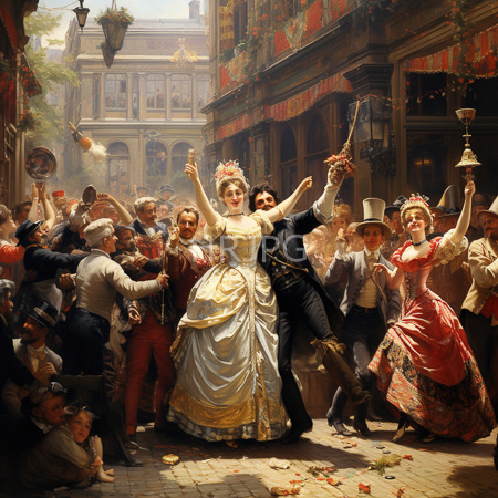 High Resolution: Oil painting depicting a lively street carnival scene from Victorian times with a fair-skinned woman in an elaborate white ball gown download. | HRJPG.com
