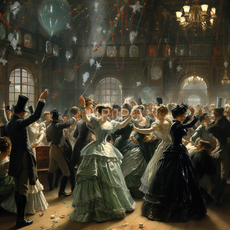 High Resolution: Oil painting depicting a lavish Victorian-era ballroom dance scene filled with elegantly dressed men and women dancing under chandeliers download. | HRJPG.com