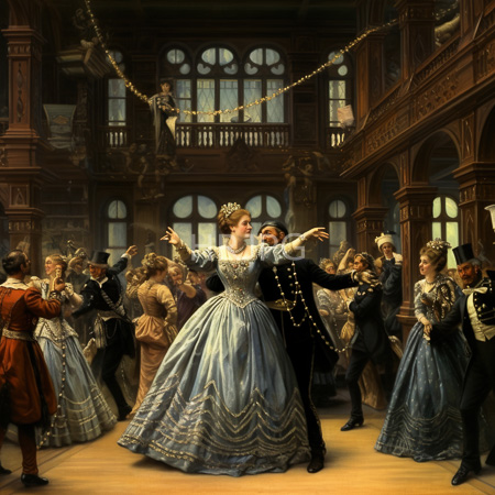 High Resolution: Oil painting depicting a lavish ballroom scene from the Victorian era featuring elegant dancers in elaborate attire with intricate details download. | HRJPG.com
