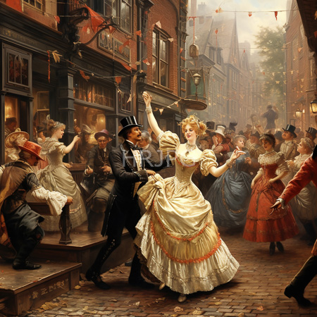 High Resolution: Oil painting depicting a lively street dance in Victorian-era Europe with a tall man in black formal attire dancing energetically download. | HRJPG.com