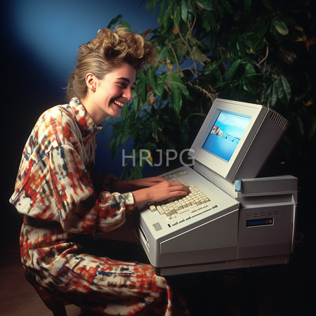 High Resolution: Smiling Caucasian woman with curly brown hair wearing a patterned robe seated at an old-fashioned desktop computer in a corner office download. | HRJPG.com