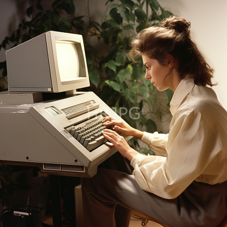 High Resolution: Early-1980s Caucasian woman with light brown hair in a bun typing on a vintage beige computer keyboard connected to a CRT monitor download. | HRJPG.com