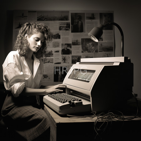 High Resolution: Sepia-toned photograph of a young woman with curly hair typing on a vintage desktop computer under a black lamp in a dim room download. | HRJPG.com