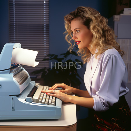 High Resolution: Blonde woman with curly hair wearing red lipstick typing on a vintage blue typewriter in a dim office setting download. | HRJPG.com