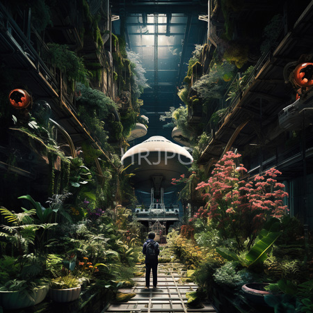 High Resolution: Indoor botanical garden with lush greenery a central path leads to a futuristic dome-shaped structure at the end download. | HRJPG.com