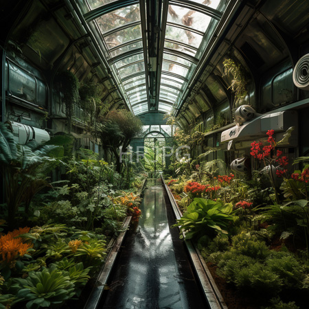 High Resolution: Indoor botanical greenhouse with a glass-paneled roof lush green plants and red flowers along a narrow black water channel download. | HRJPG.com
