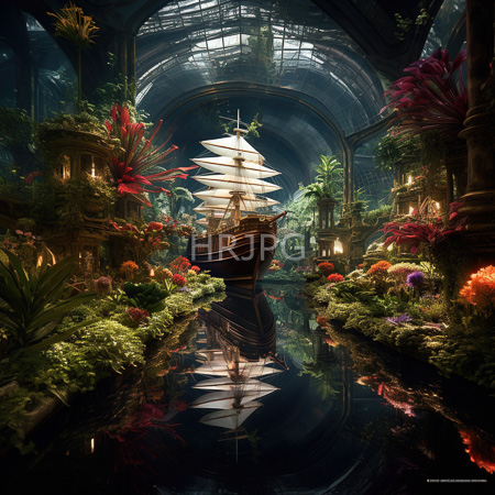 High Resolution: Illuminated lush greenhouse with towering arches and vibrant plants with a wooden ship centered on still water download. | HRJPG.com