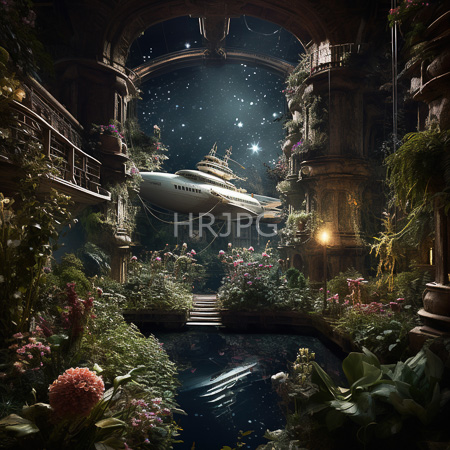 High Resolution: Overgrown lush garden with vibrant flowers and greenery surrounding a small pond in front of ancient stone arches under a starry night download. | HRJPG.com