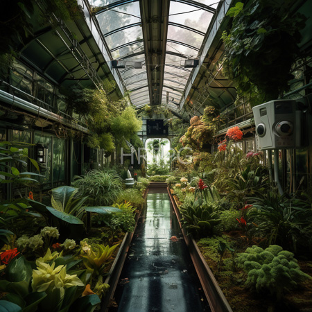 High Resolution: Lush green indoor botanical garden with a glass-paneled roof a central pathway lined by diverse tropical plants and orchids download. | HRJPG.com