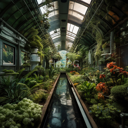High Resolution: Lush green indoor botanical garden with an arched glass ceiling a central narrow water channel and vibrant plants lining both sides download. | HRJPG.com