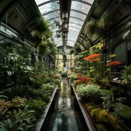 High Resolution: Ornate glass-roofed greenhouse filled with lush tropical plants and vibrant flowers with a narrow central waterway download. | HRJPG.com