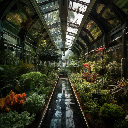 High Resolution: Lush glass-enclosed greenhouse with arched ceilings a central water channel and plants neatly arranged along both sides download. | HRJPG.com