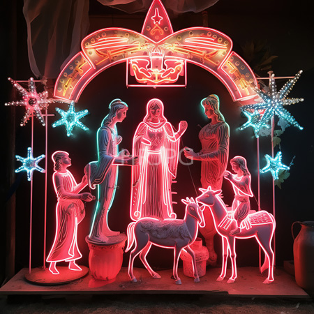 High Resolution: Illuminated nativity scene featuring neon lights depicting four classical-style figures including Mary and Joseph with two angels download. | HRJPG.com
