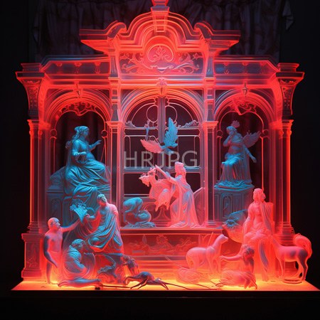 High Resolution: Ethereal glowing red and blue sculpture of classical figures in ornate architectural setting with vibrant neon lighting download. | HRJPG.com