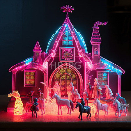 High Resolution: Illuminated neon-lit Christmas village scene featuring a pink and blue glowing church surrounded by figurines and knights download. | HRJPG.com