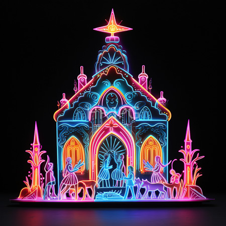 High Resolution: Intricately designed neon-lit nativity scene against a black background featuring Mary holding baby Jesus in glowing colors download. | HRJPG.com