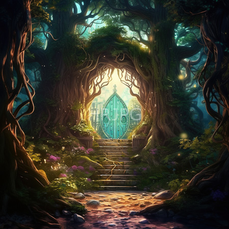 High Resolution: Enchanted forest with twisted vine-covered trees framing a glowing turquoise door with sunlight filtering through dense foliage download. | HRJPG.com