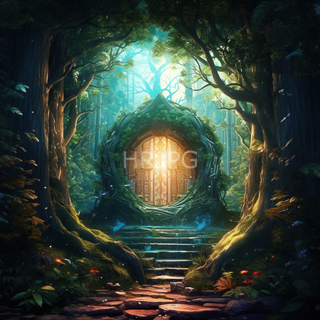 High Resolution: Enchanted forest with towering moss-covered trees framing a glowing wooden door intricately carved and surrounded by greenery download. | HRJPG.com