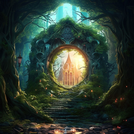 High Resolution: Enchanted forest entrance with moss-covered twisted trees framing a circular stone archway revealing a sunlit Gothic-style church download. | HRJPG.com