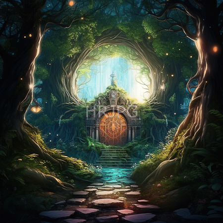 High Resolution: Enchanted forest path leading to an intricately carved glowing wooden door set in an ancient stone archway with fireflies download. | HRJPG.com