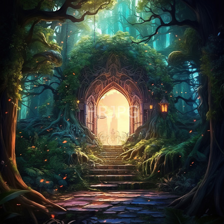 High Resolution: Enchanted forest with lush moss-covered trees and glowing fireflies illuminating steps leading to a magical archway door download. | HRJPG.com