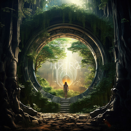 High Resolution: Ethereal forest scene through a large circular stone archway overgrown with moss with a lone figure standing on steps download. | HRJPG.com