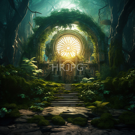 High Resolution: Ancient moss-covered stone archway with intricate carvings and a large circular window emitting golden light in a dense forest download. | HRJPG.com