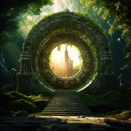 High Resolution: Ancient moss-covered stone archway with intricate carvings revealing sunlight and a towering Gothic-style castle in the background download. | HRJPG.com
