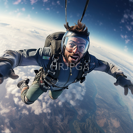 High Resolution: Excited bearded man with short brown hair wearing skydiving gear mid-jump above clouds against a blue sky backdrop download. | HRJPG.com