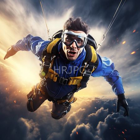 High Resolution: Excited male skydiver with short brown hair wearing a blue jumpsuit leaping from high altitude amidst dramatic clouds download. | HRJPG.com