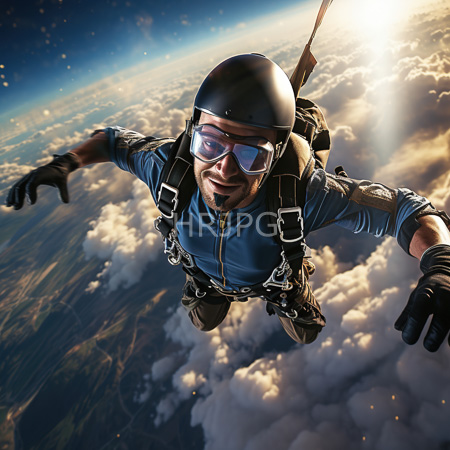 High Resolution: Adult male skydiving above clouds wearing a black helmet and blue jumpsuit with a parachute attached download. | HRJPG.com